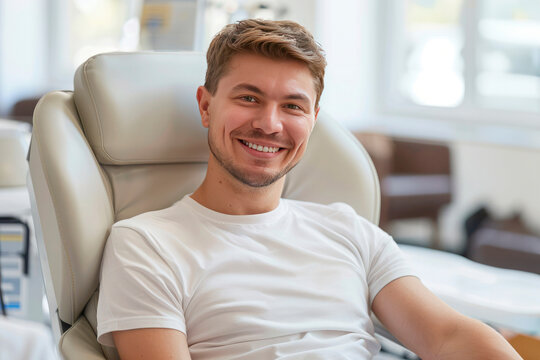 A young smiling man in a white T-shirt sits in a comfortable chair in a modern medical clinic waiting for a doctor