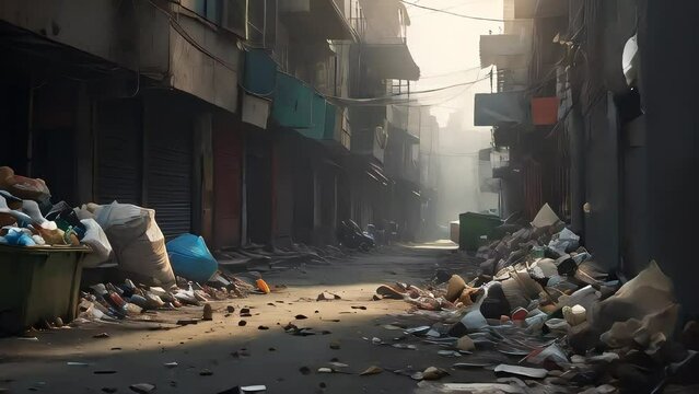 A scene depicting a crowded street littered with garbage, showcasing the violation of environmental regulations and sanitation standards.
