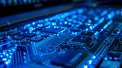 A blue and white computer chip with a lot of blue lights