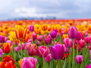 Breathtaking field of vibrant tulips, captured in a raw and stylish way, vibrant colors pop.