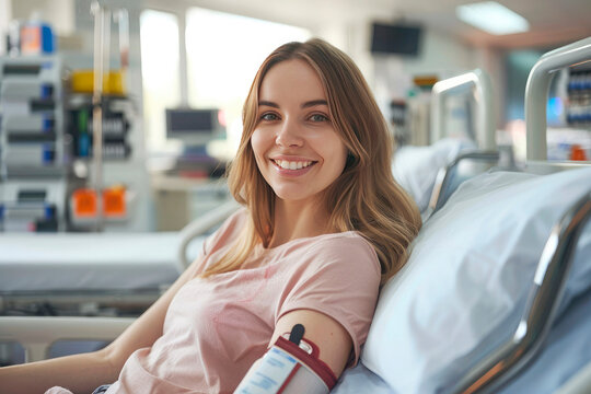 Portrait of a young woman smiling at the camera, lying on a medical couch and donating blood in a hospital