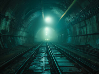 Fototapeta na wymiar Post-apocalyptic subway tunnel with mysterious atmosphere in deep exploration