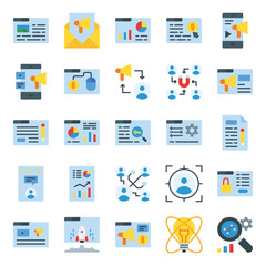 Digital marketing icon set in flat style. Containing analytic, copywriting, email marketing, report, seo, website, etc. 