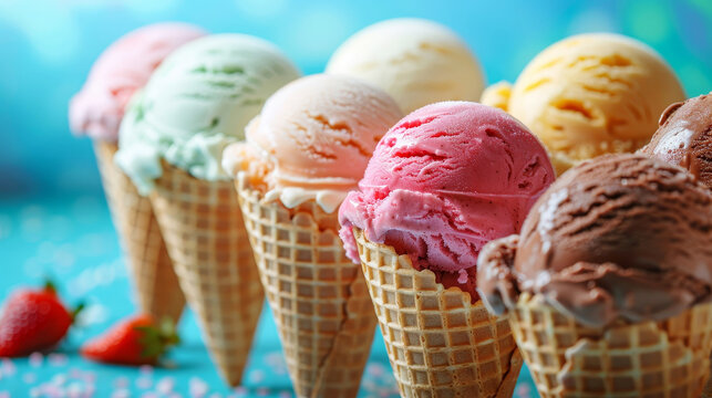 Assorted scoops of colorful ice cream in cones arranged in a row