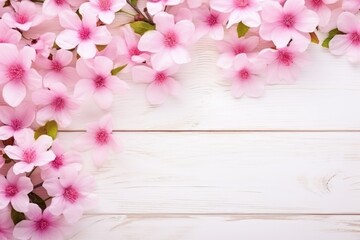 Beautiful pink cosmos flowers spread across a white rustic wooden background.