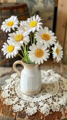 Fototapeta premium Yellow daisies in vase, table display of Chamaemelum nobile flowers