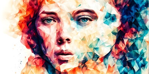 abstract portrait blending vector art crisp lines with soft watercolor gradients and photographic elements
