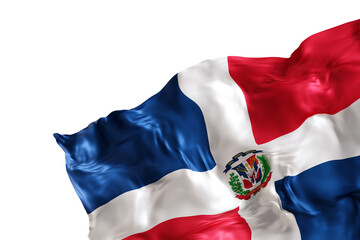 Realistic flag of Dominican Republic, on transparent background. Footer, corner design element. Cut out. Perfect for patriotic themes or national event promotions. Empty, copy space. 3D render. © Creative_Bird