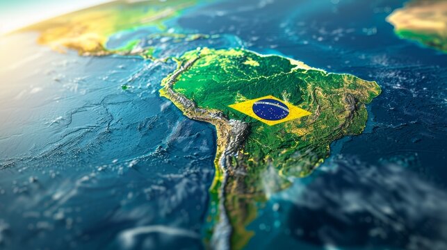 Fototapeta Topographic map of Brazil with national flag, highlighting Brazilian geography and country borders