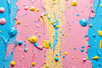 Vibrant pink, blue, and yellow paint splatter on a colorful background