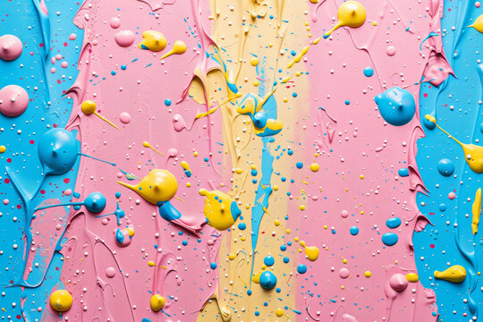 Vibrant pink, blue, and yellow paint splatter on a colorful background