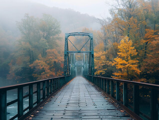 A misty bridge stretches over a tranquil river flanked by colorful autumn trees.