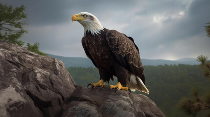 A regal eagle perched atop a rocky cliff, its keen eyes scanning the landscape below for prey.