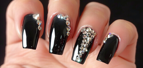  Crystal-clear rhinestones meticulously placed on sleek black nails, catching the light with a dazzling brilliance - obrazy, fototapety, plakaty