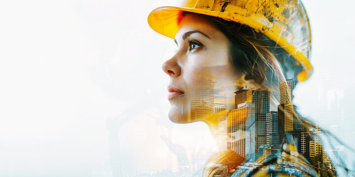Double exposure portrait of a female construction worker overlaid with urban skyline