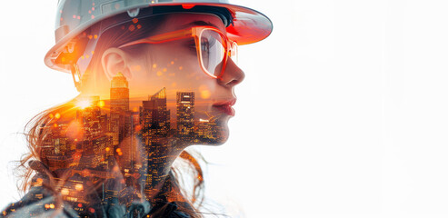 Double exposure of a woman in a construction helmet overlaid with urban skyline