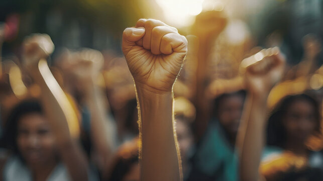Empowering image of raised fist in a crowds celebration of diversity and unity