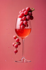 In a minimalist composition, a bunch of grapes hovers above a pool of juice, while crimson liquid cascades gracefully into a wine glass. The serene flow is captured delicately in this studio shot.