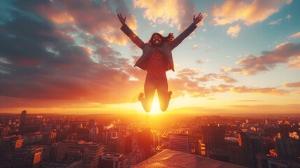Euphoric young woman jumping with joy on a city rooftop at sunset