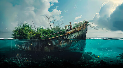 Abandoned boat in the sea. Conceptual image of disaster - obrazy, fototapety, plakaty