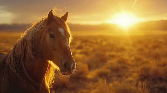 Captivating desert sunset with elegant horse in the foreground