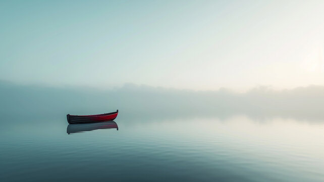 .A serene minimalist image of a lone boat on a calm lake