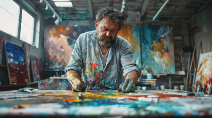 Focused artist engrossed in painting amidst a vibrant, messy studio