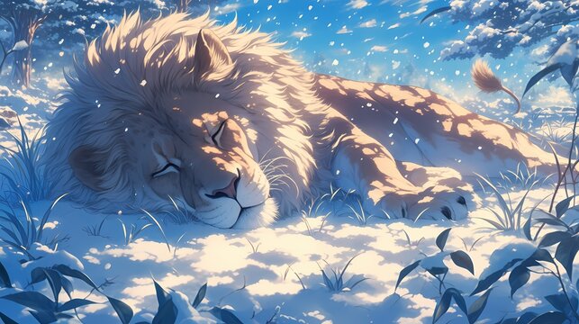 illustration of a lion sleeping in the snow