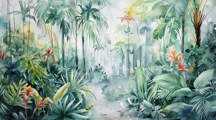 A lush green jungle with a lot of foliage and flowers. The painting is full of life and color, and it gives off a feeling of being in a tropical paradise