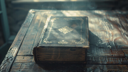 Vintage book with golden emblem on a rustic wooden table, imbued with a sense of history and mystery