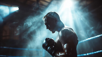 Focused boxer trains alone in a dimly lit gym, showcasing determination and strength