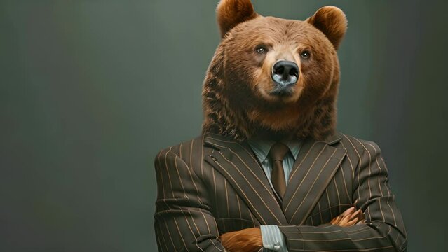 A bear wearing a suit and tie is posing for a picture. The bear's suit is striped and it has a tie around its neck. The bear's posture suggests that it is confident and proud of its appearance