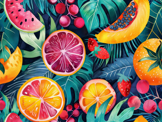 Colorful tropical fruit and foliage pattern for vibrant textile and wallpaper designs
