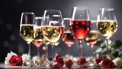 Glasses with red, rose, white wine and champagne
