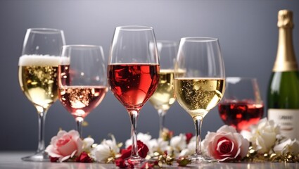 Glasses with red, rose, white wine and champagne