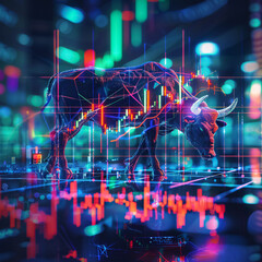 Bull head on stock market chart background. Bull market concept. Double exposure