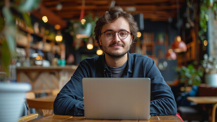 Portrait of handsome young man in eyeglasses using laptop while sitting in cafe - obrazy, fototapety, plakaty