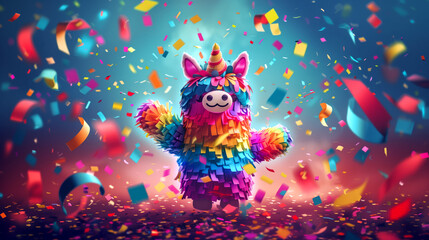 A pinata shaped like a pig reveal confetti and streamers, Mexican holiday celebration