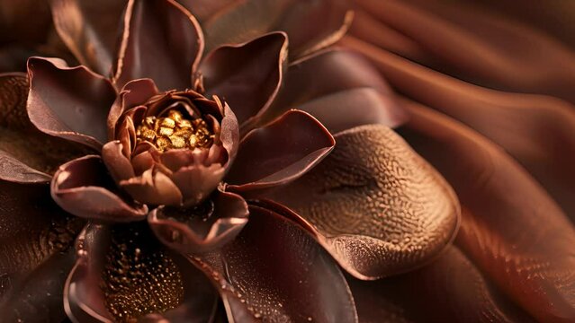 A close up of a chocolate flower with gold accents. The flower is surrounded by a brown background