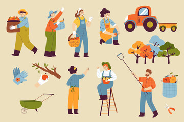 Hand drawn flat fruit harvest original elements set with farmers collecting fruits