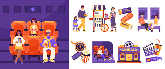 Hand drawn flat cinema icons with illustration set collection with audience and film elements