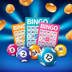 Realistic bingo composition background with lottery cards and balls