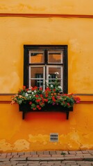 Minimalist photography, vibrant orange wall with window and flower box