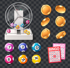 Realistic Bingo original element set collection with lottery card and balls on transparent background
