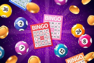 Realistic Bingo composition background with lottery cards and balls