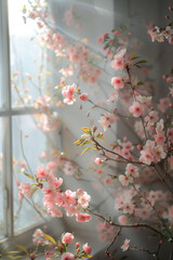 Soft Pink Cherry Blossoms Bathed in Sunlight by a Window