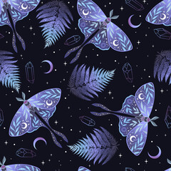 Magic celestial seamless pattern with butterflies. Boho magic background with ferns, stars, butterflies. Vector doodle texture.