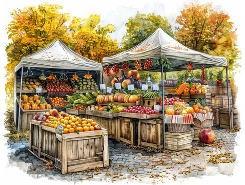 Colorful autumn harvest market with fresh seasonal produce on display