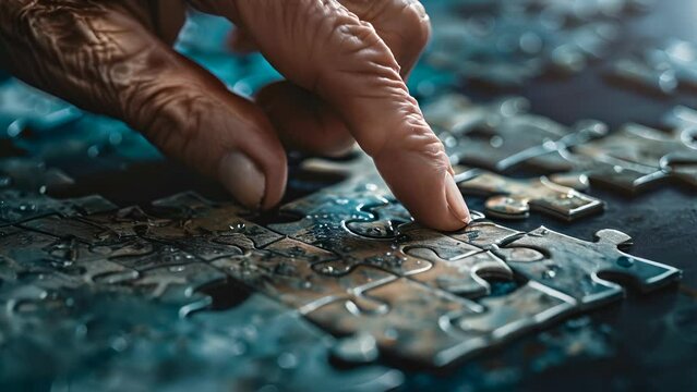 A hand is pointing at a puzzle piece on a table. The puzzle is blue and white. Scene is calm and focused