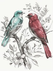 Whimsical Illustration of Beautiful Birds